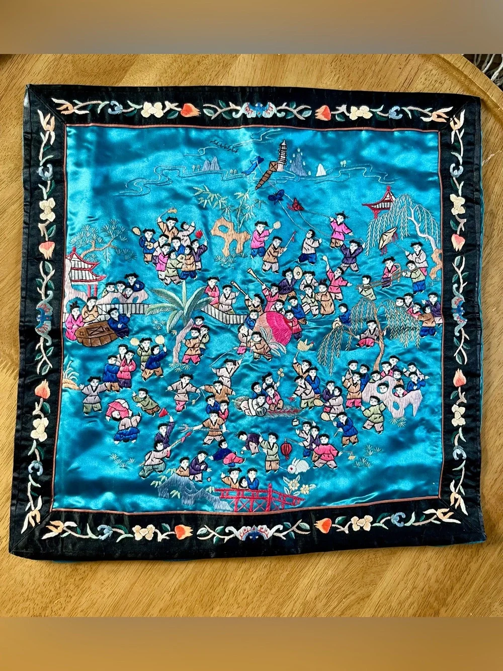 Pair Vintage Chinese Silk Embroidered Pillow Covers Beijing Dun Huang Festival